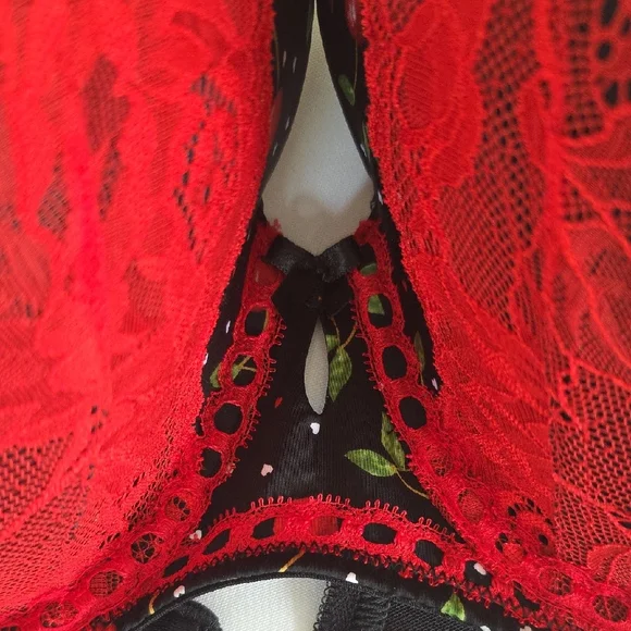 Torrid Red Lace and Black With Cherrirs Print Underwire Bra 46C - Picture 3 of 8
